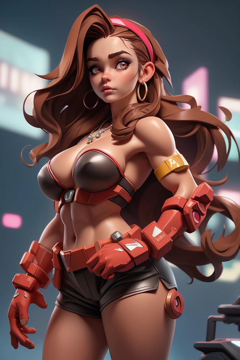 Best quality, masterpiece, ultra high res,photorealistic, raw photo,best quality,global illumination,8k wallpaper,official art, Amazing, finely detail,huge filesize, ultra-detailed,1girl, Bikini ,(extremely detailed eyes and face:1.2),(cyberpunk,24-year old),(incredibly absurdres),(thick arms, thick) 1.3,(thick arms), very flat chest, bump: 1.5), bodybuilding, 1girl, red_gloves, jewelry, gloves, necklace, solo, shorts, strapless, waving, long_hair, dress, lips, hairband, bare_shoulders, brown_hair, realistic, brown_eyes, earrings, breasts