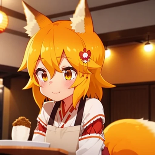 (restaurant:1.3)
 <lora:senkoLora_v4:1> 1girl, sen, animal ears, fox ears, fox girl, fox tail, hair flower, hair ornament, orange eyes, orange hair, short hair, tail
close mouth, thoughtful
(japanese clothing:1.3), left angle, upper body, looks straight