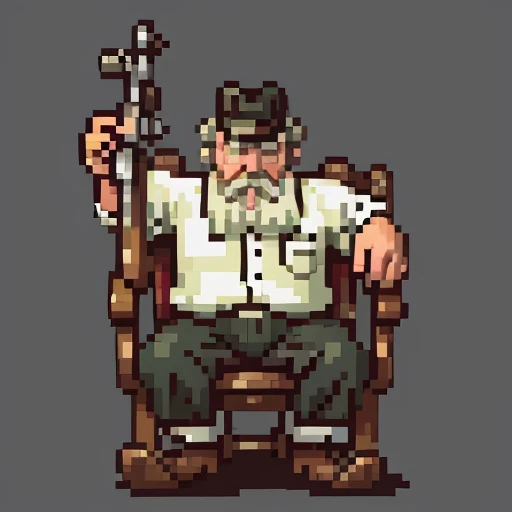 <lora:SNES Earthbound Enemies V11-000008:0.95>,Earthbound_enemy, neutral grey background, pixelart, drop shadow, 1boy, old man, hillbilly, wide brim hat, circle glasses, long beard, grey hair, sitting in rocking chair, (aiming rifle:1.2), aggressive demeanor