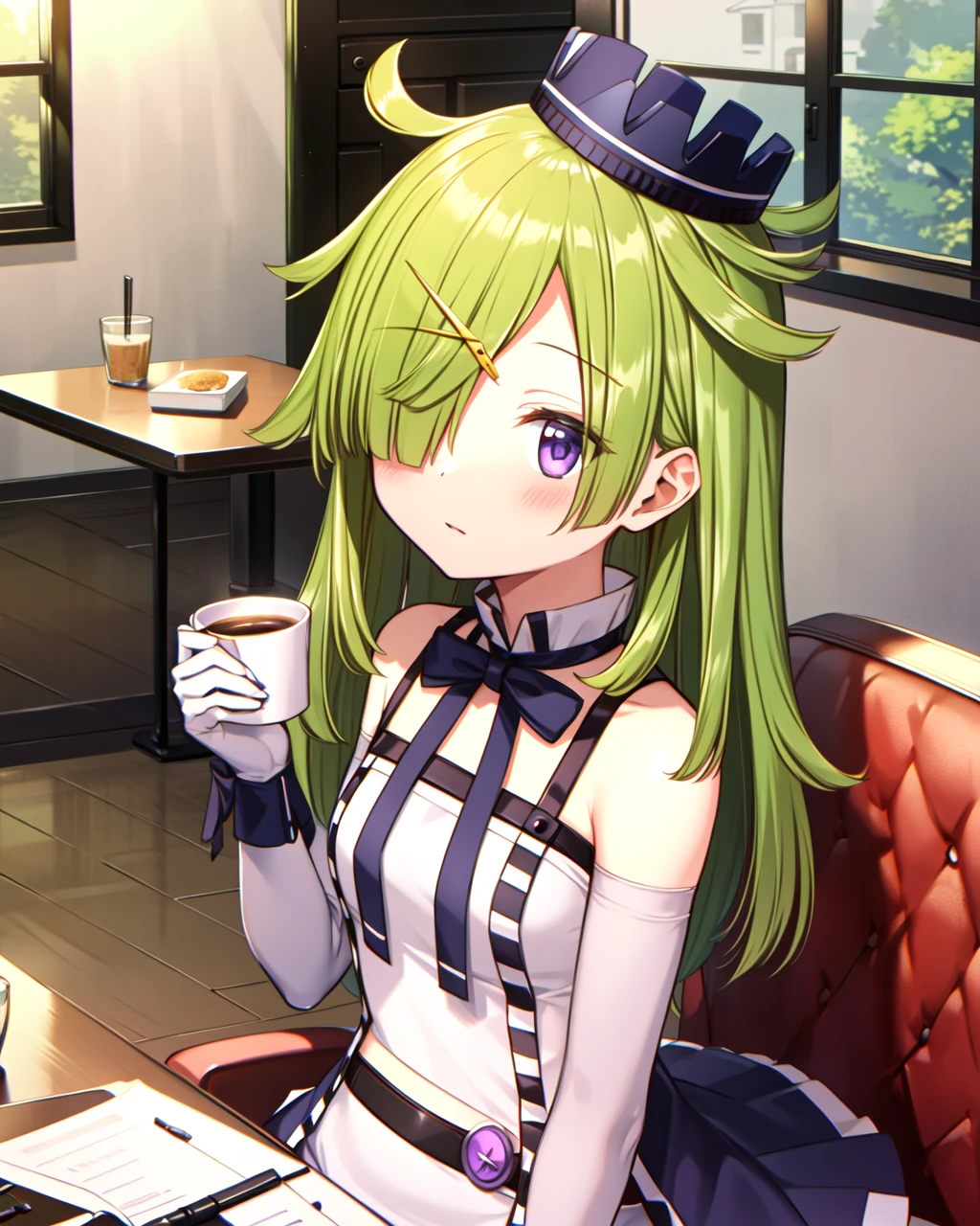 <lora:scene0akimabayu-000018:0.75>,  scene0akimabayu, 1girl, frontal view, close shot, upper body, sitting, cafe, indoors, (side view, sitting half-turned), table, armchair, sitting on armchair, (cup, cup in hands), purple eyes, green hair, medium hair, asymmetrical hair, hair over one eye, sidelocks, small crown-like hat, round purple gem on belt, bow tie, white dress with purple sides, white with purple skirt, tights, long gloves, wraps on wirsts, golden hairpin in hair