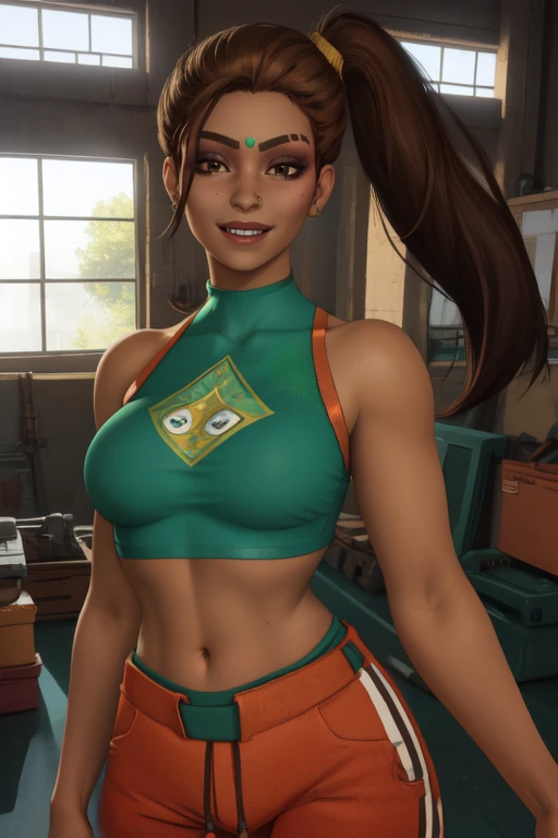 Rampart, forehead jewel, nose piercing, side ponytail ,brown hair, brown eyes,
solo, standing, smiling, upper body, navel,
green crop top, orange pants,
tool shop, indoors,
(insanely detailed, beautiful detailed face,beautiful detailed eyes, masterpiece, best quality)
<lora:Rampart-10v7:0.8>