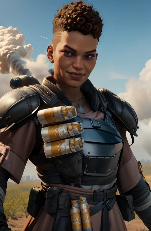 Bangalore, standing, upper body, short curly hair, solo, light smile,
tactical armor, dress, black gloves,shoulder armor,dog tags,
smoke trail in background, plains,
(insanely detailed, beautiful detailed face, masterpiece, best quality)
<lora:Bangalore-10v7:0.8>