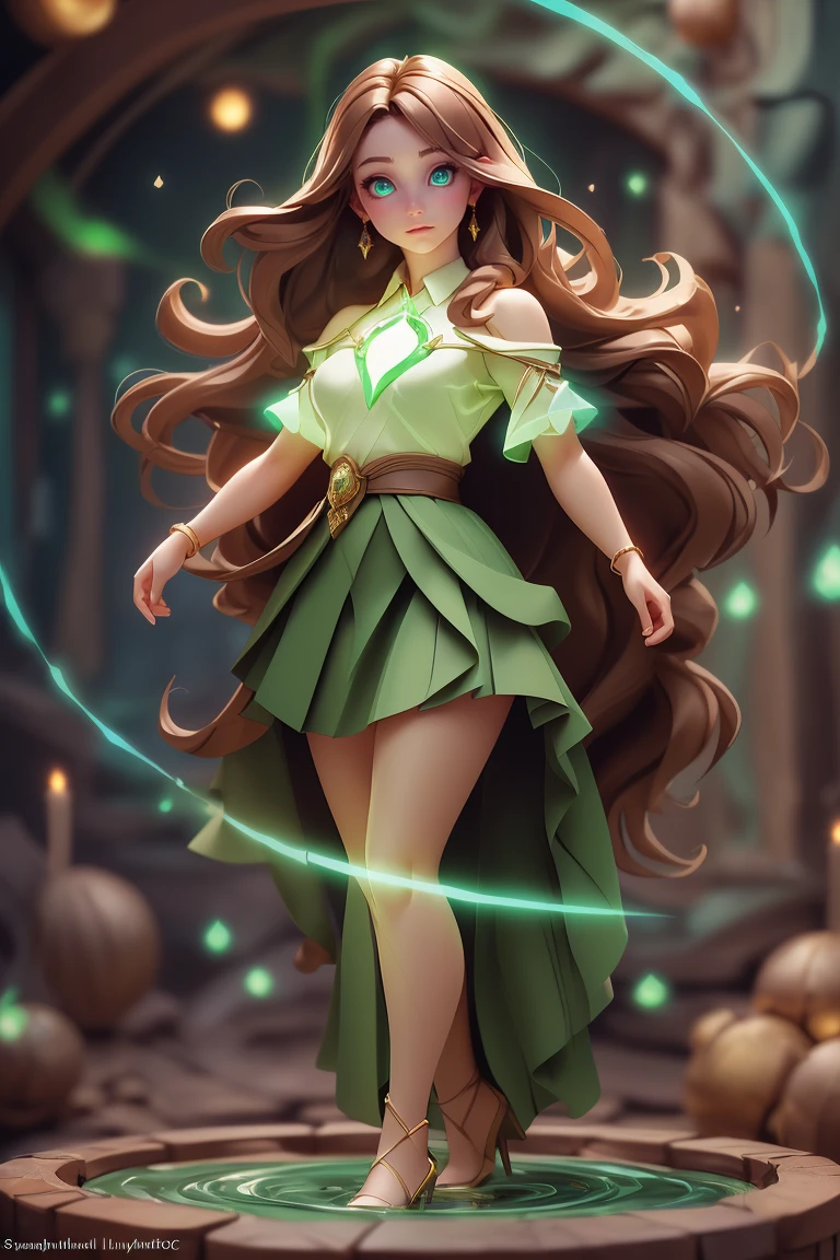 detailed background, (dungeon with spirits flying about), particles, (style-swirlmagic:0.9), floating particles, , , , glowing orb behind, masterpiece, (realistic, photo-realistic:1.37),, medium breast, small waist, brown flowing hair glamour, (green glowing eyes), , perfect illumination, beautiful detailed eyes, looking at viewer, stunningly beautiful woman, , ((wearing flowing skirt and over-sized shirt with shoulders showing)), (((body illumination:1.5))), ((full body shot, standing)),