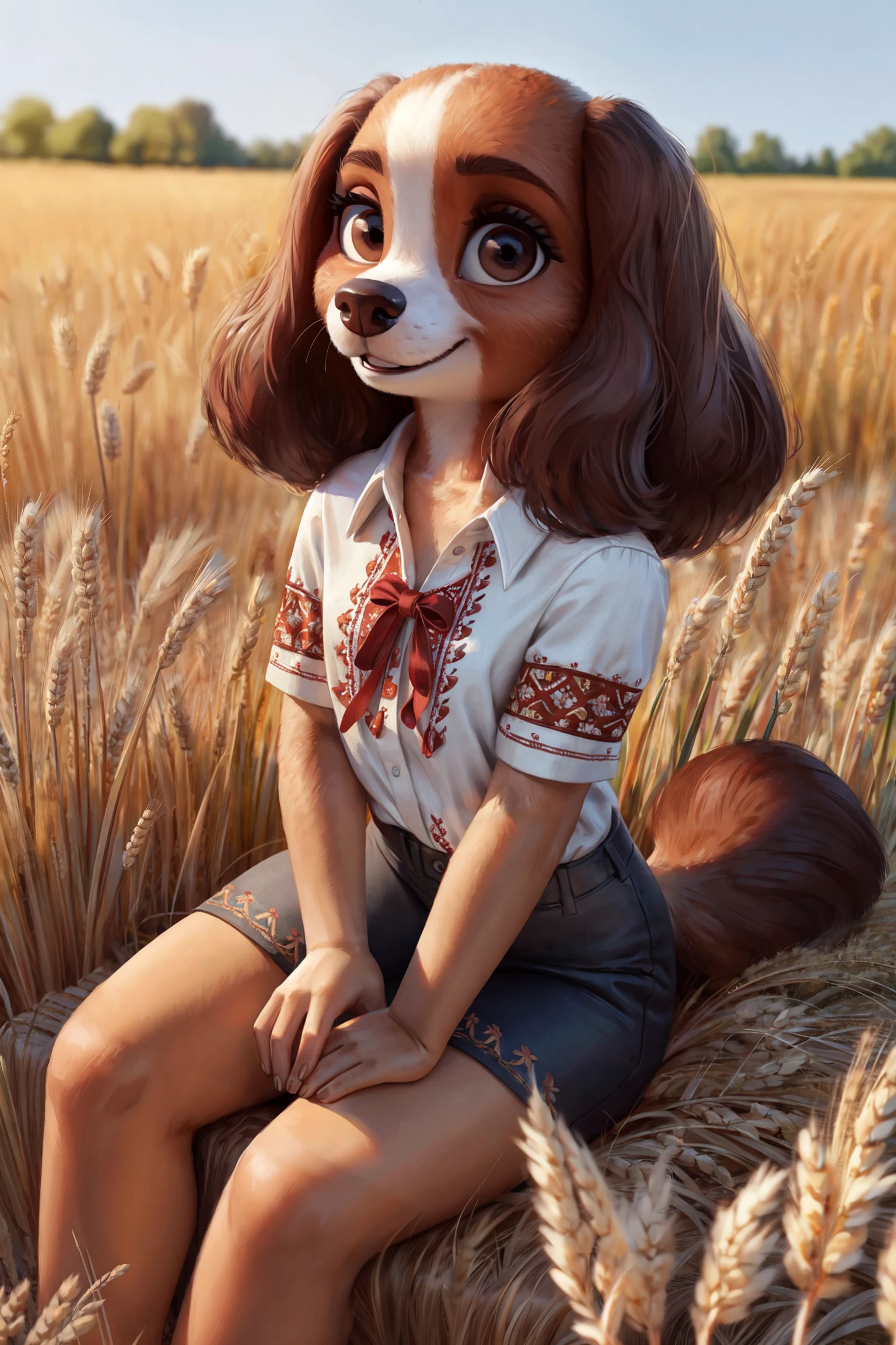 (by qupostuv35:1.0), (by siroc:0.7),
female, (Detailed face), [(thin:1.1) : small petite : (cocker spaniel):4], (Detailed face), (more details, detailed background:1.1), lush eyelashes, tail, happy smile, looks at the camera with his head tilted, sitting in a wheat field, white embroidered shirt