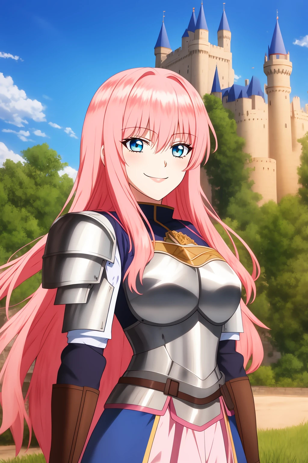 rishe, mature_female, 1girl, solo, looking_at_viewer, smirk, long_hair, bangs, blue_eyes, hair_between_eyes, upper_body, pink_hair, standing, knight_armor, outdoor, castle