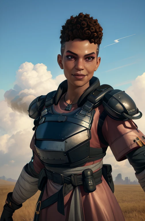 Bangalore, standing, upper body, short curly hair, solo, light smile,
tactical armor, dress, black gloves,shoulder armor,dog tags,
smoke trail in background, plains,
(insanely detailed, beautiful detailed face, masterpiece, best quality)
<lora:Bangalore-10v7:0.8>