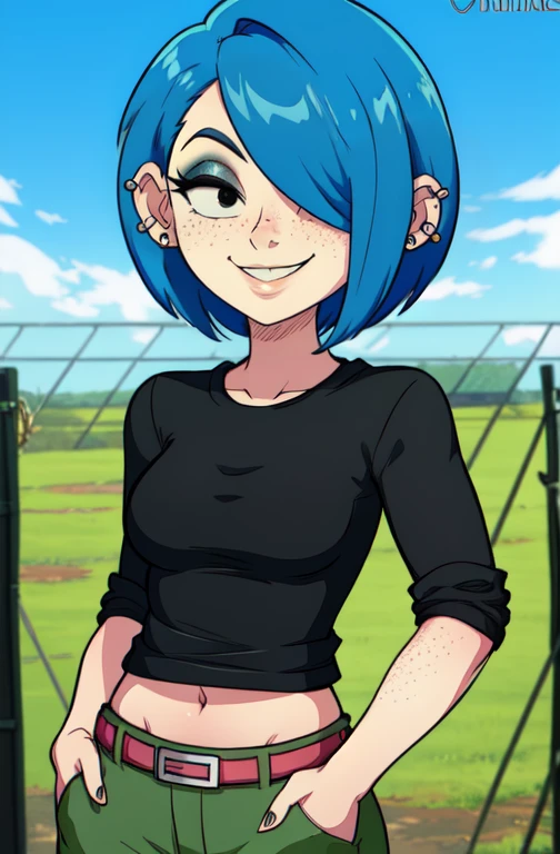 MarieK,short blue hair,ear piercing,hair over one eye,freckles,black eyes,makeup,standing,hand in pockets,smiling, 
green pants,black shirt,black wristbands,midriff,belt, 
picket fence,morning,
(insanely detailed, beautiful detailed face, masterpiece, best quality) 
 <lora:Mariekanker-10v7:0.8>