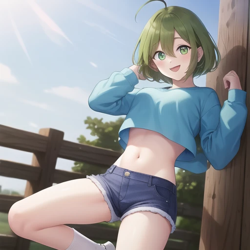 (masterpiece, best quality:1.2),illustration,8k,hd,absurdres,1girl,solo,cowboy shot,facing viewer,smile,short_hair,bangs,blue_shirt,white_pupils,long_sleeves,hair_between_eyes,green_eyes,ahoge,green_hair,shoes,socks,midriff,crop_top,white_footwear,denim_shorts,<lora:Zombie-Bubble(remake):0.8>,