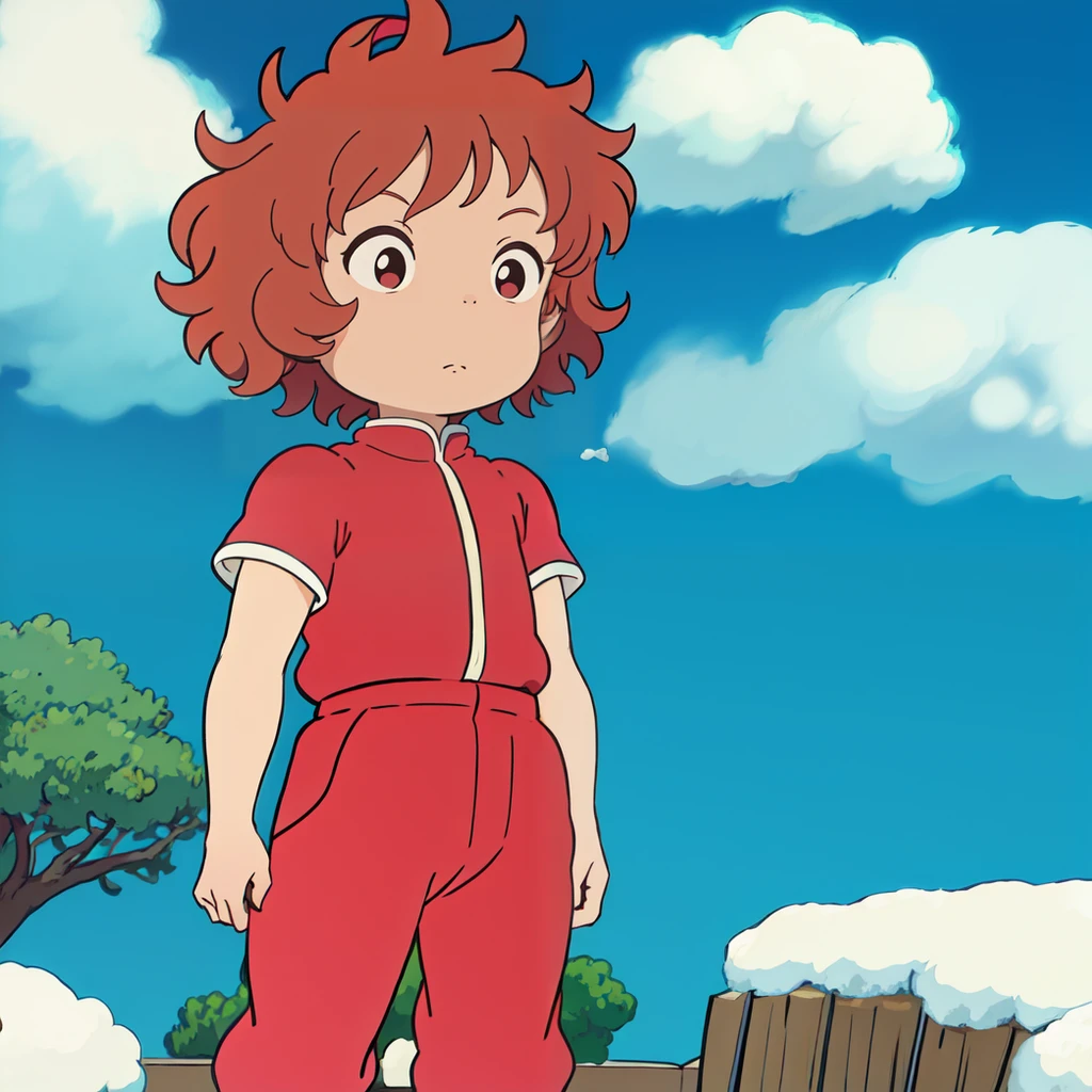 Masterpiece, ultra detailed,1girl, flat chest, (solo), brown hair, short hair, blue shirt, red pants, standing, ponyo, <lora:Ponyo:0.7>, cinematic, snow, curly hair