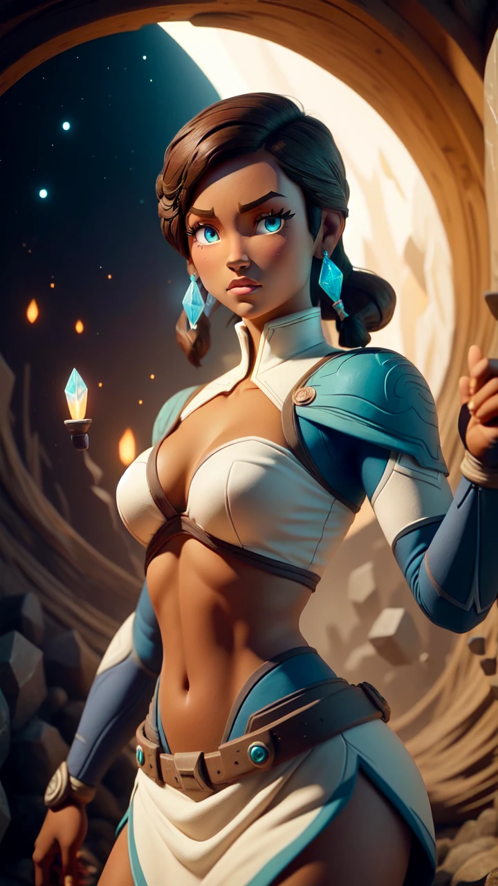 (masterpiece, best quality:1.1), (claysculpt:1.12), solo, 1girl, solo, (korra:1.1), from the legend of Korra, blue and white outfit, blue eyes, short brown hair, muscular build, dark skin, dark-skinned female, moon, glowing, crystal, blender \(medium\)