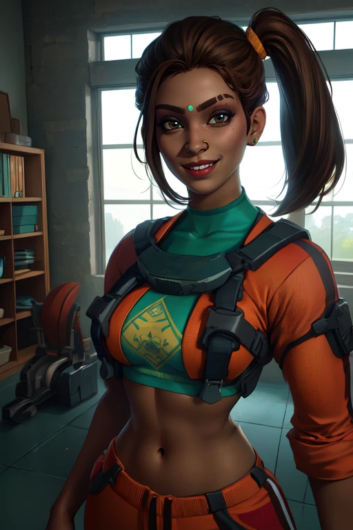 Rampart, forehead jewel, nose piercing, side ponytail ,brown hair,
solo, standing, smiling, upper body, navel,
open orange jacket, green crop top,
tool shop, indoors,
(insanely detailed, beautiful detailed face,beautiful detailed eyes, masterpiece, best quality)
<lora:Rampart-10v7:0.8>