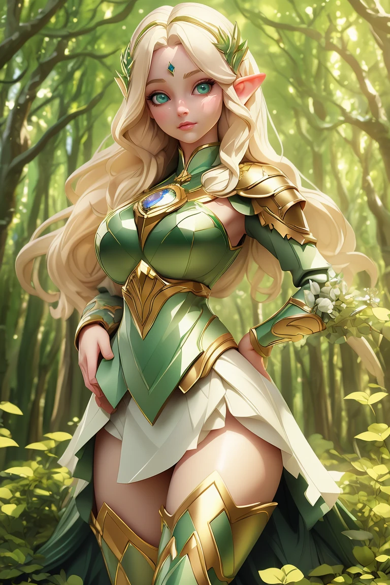 (masterpiece, best quality), 1girl, elven, blonde hair, green eyes, medium breast, beautiful, detailed, enchanted breastplate with precious gemstones, white thigh-high greaves, seductive pose, in a forest, magic flora, detailed face and eyes, volumetric light,