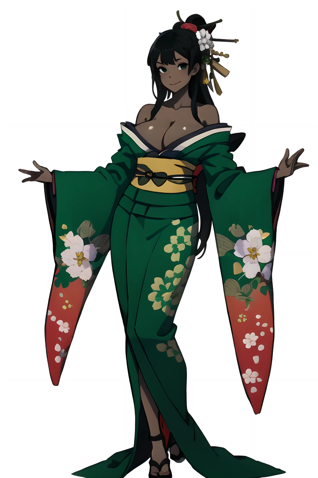(sleek), (1girl:1.5), platinum blonde hair, (masterpiece, best quality, ultra-detailed, immaculate:1.3), (kimono:1.2), (white background:1.3), (green kimono:1.4), obi, (black hair:1.3), (floral pattern:1.2), bare shoulders, (skinny:1.2), long sleeves, sleeves, big sleeves, wide sleeves, standing, full body, long hair, (cleavage), smile, (big breasts:1.3), (black eyes:1.1), (dark skin:1.2), long skirt, <lora:Cowslip_model_test_2:1>