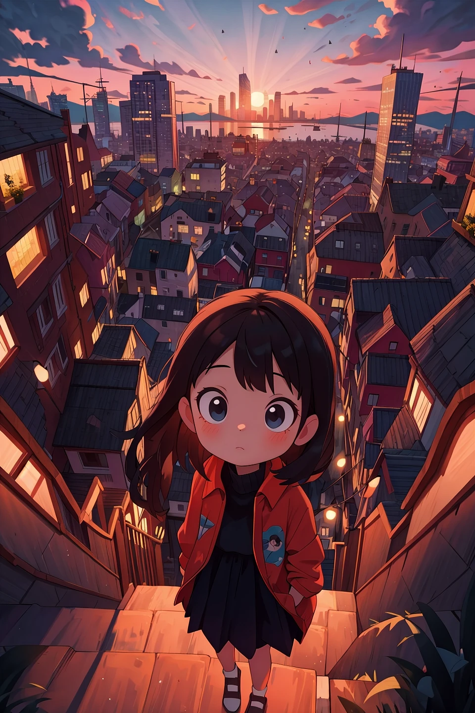 masterpiece,best quality,1girl,city,dusk,landscape