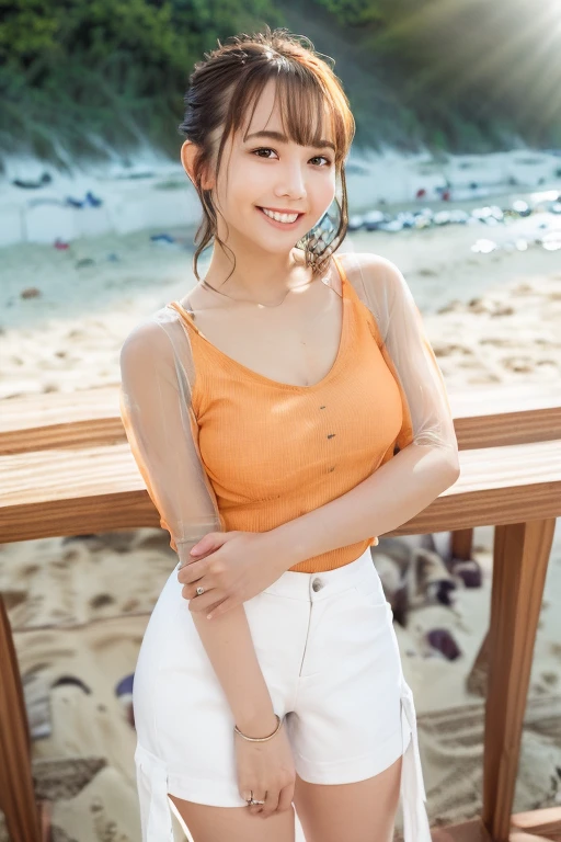1girl, (wearing a light orange sheer top:1.6),(RAW photo, best quality), (realistic, photo-realistic:1.4), masterpiece, an extremely delicate and beautiful, extremely detailed, 2k wallpaper, Amazing, finely detail, extremely detailed CG unity 8k wallpaper, ultra-detailed, highres, soft light, beautiful detailed girl, extremely detailed eyes and face, beautiful detailed nose, beautiful detailed eyes,cinematic lighting,(on the beach:2.0),perfect anatomy,slender body,smiling,(close up:1.6),(open eyes:1.4),(look at viewer),(face front:2.0),(front view:2.0),cinematic angle,(wavy short hair), (brown eyes:1.8),(cleavage:0.8),standing, <lora:yoshitakechihaya_lora-01:0.8>