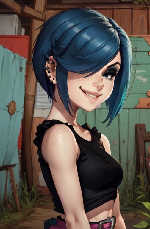 MarieK,short blue hair,ear piercing,hair over one eye,freckles,black eyes,makeup,
standing,smiling,  upper body, 
black shirt,black wristbands,midriff,belt, 
picket fence,morning, solo, 
(insanely detailed, beautiful detailed face, masterpiece, best quality) 
 <lora:Mariekanker-10v7:0.8>