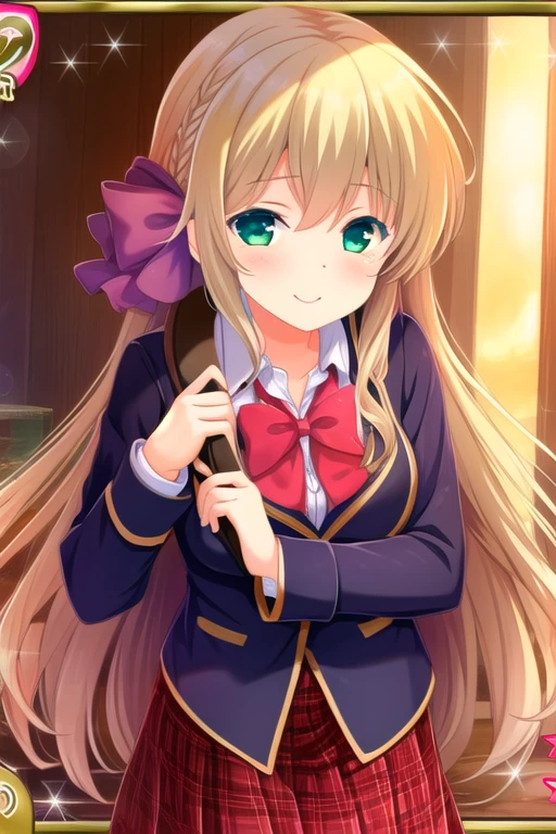 masterpiece, best quality, highly detailed background, perfect lightingbest quality, <lora:Mochizuki-Erena:0.9>, 1girl, solo, blonde hair, hair ribbon, braid, green eyes, long hair, breasts, blue jacket, red bowtie, white shirt, shirt, red skirt, plaid skirt, school uniform, smile, closed mouth, pink lips.