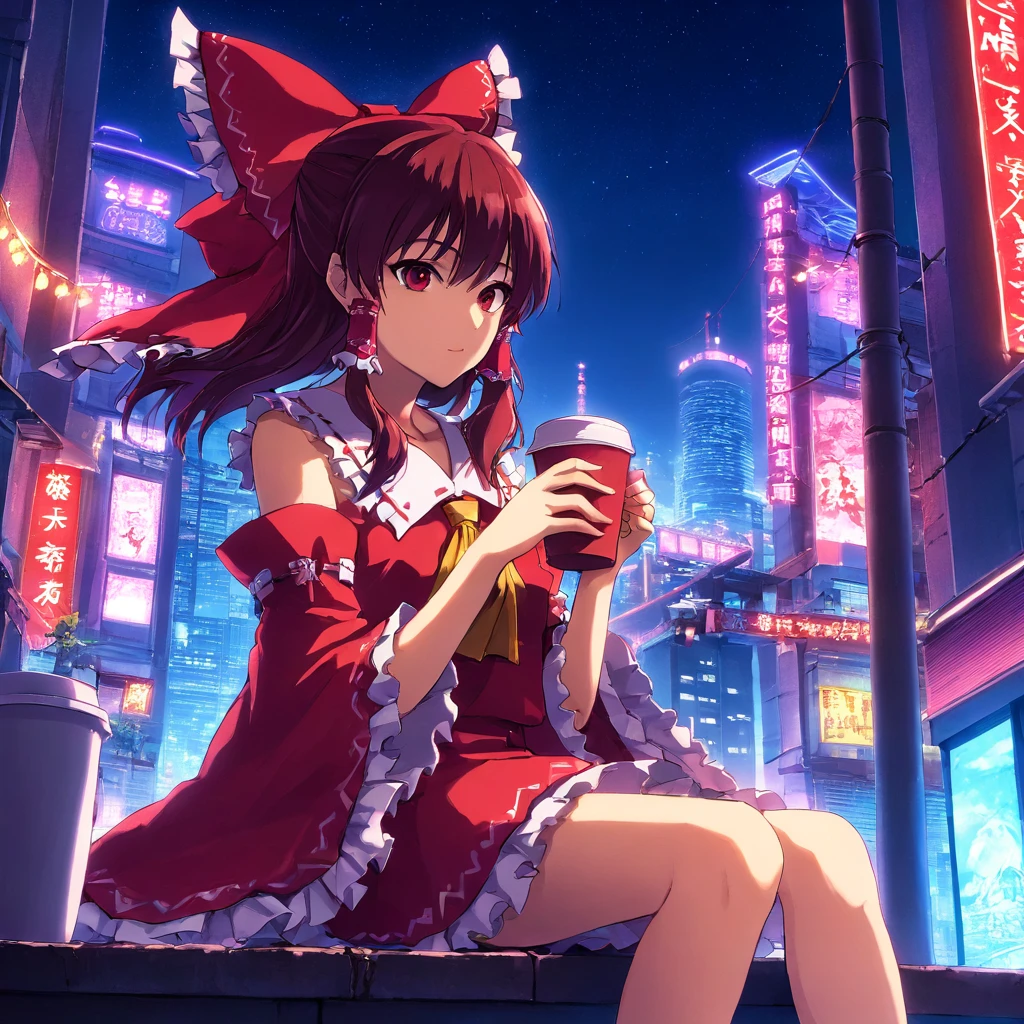 breathtaking,,Hakurei Reimu, 1girl,solo, hair bow,red miko ,black eyes
sitting,holding coffee,city,outdoors,cyberpunk city,building, night sky,neon light,
<lora:hakurei_4dim:1> . gorgeous,key visual, vibrant, studio anime,award-winning, professional, highly detailed,high budget, cinemascope