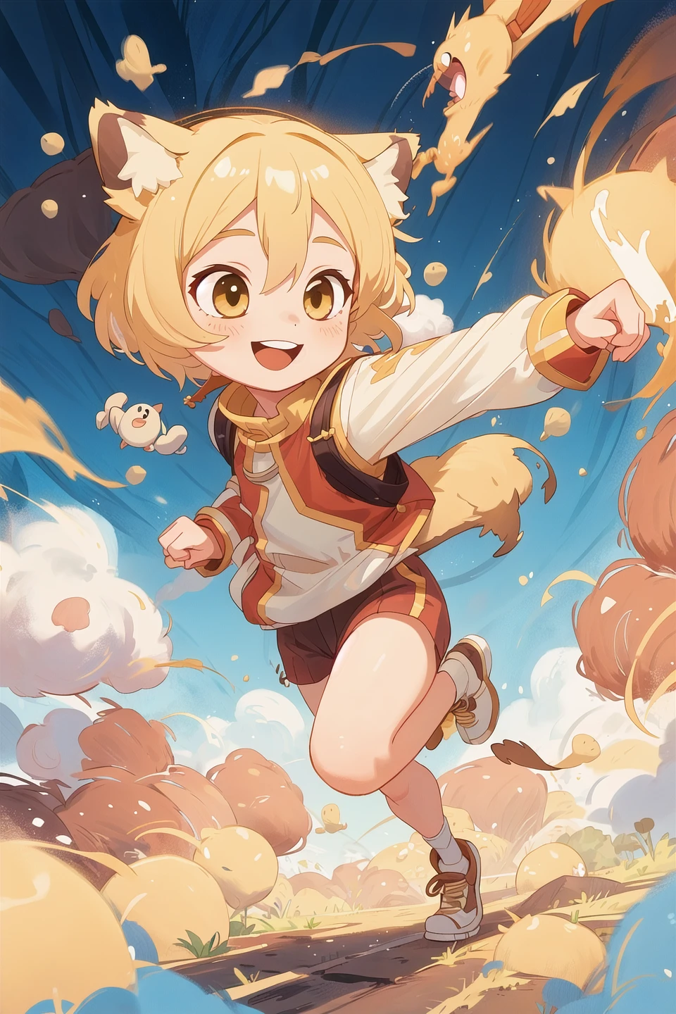 masterpiece,best quality,1girl,solo,antasy,blonde short hair,animal ears,action,dynamic,run,smile