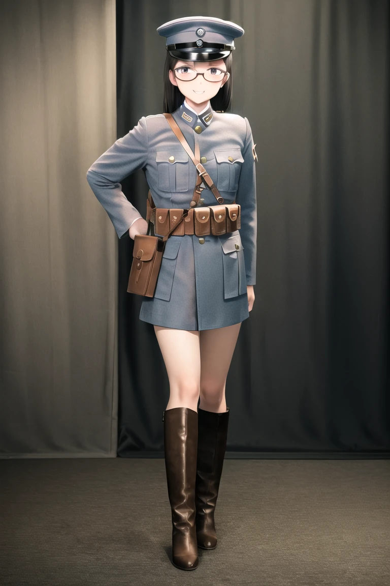masterpiece, best quality, absurdres, high resolution, extremely detailed, 1girl, solo, NRA1926, NRA cap, cap badge,light blue uniform,leather belt pouch, NRA soldier, leg wrappings,
leg_wrap, infantryman's puttee, black shoes, black long hair, blunt bangs, twintails, twin braids, smug, battlefield, ruined city, landscape, outdoors, hand on hip, large breasts, narrow waist, wide hips, faceless, no eyes<lora:faceless_v1-000010:0.9> <lora:NRAuniformv0:0.75> <lora:shimadaFumikaneStyle_v2:1>