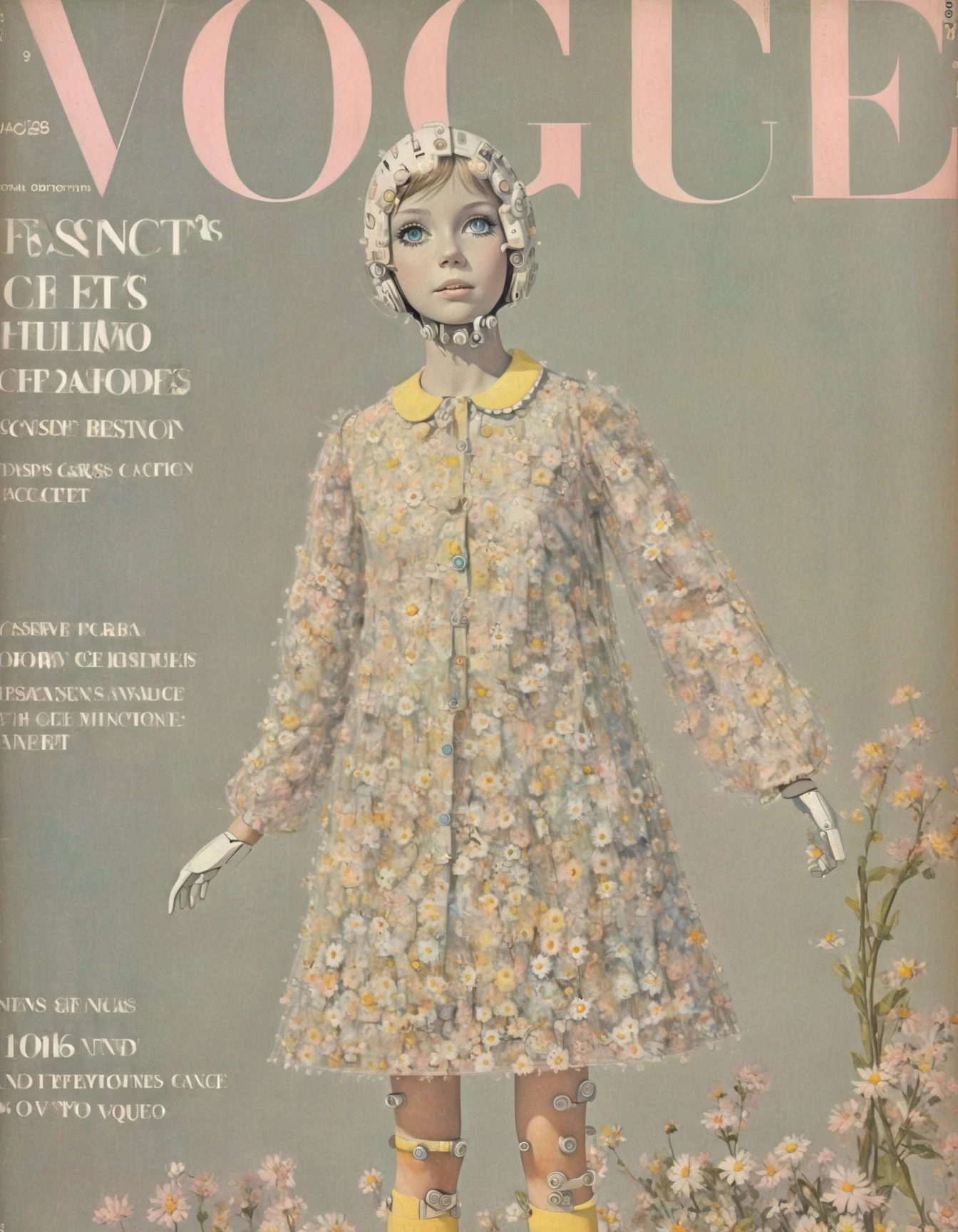 A vintage image of a 18 year old woman on a playboy magazine cover, (very skinny:1.5), big breasts,(skinny waist:1.7), 60s style brown hair, ((60s image)), ((60s magazine)), 60s aestethic, ((high quality)), sunkissed skin, seductive look,(bunny ears on head),((60s maid outfit)),(sexy maid outfit),((posing inside)), ((cute tall face)), ((playboy cover)), ((60s magazine cover)), playboy magazine, Head, Texture,