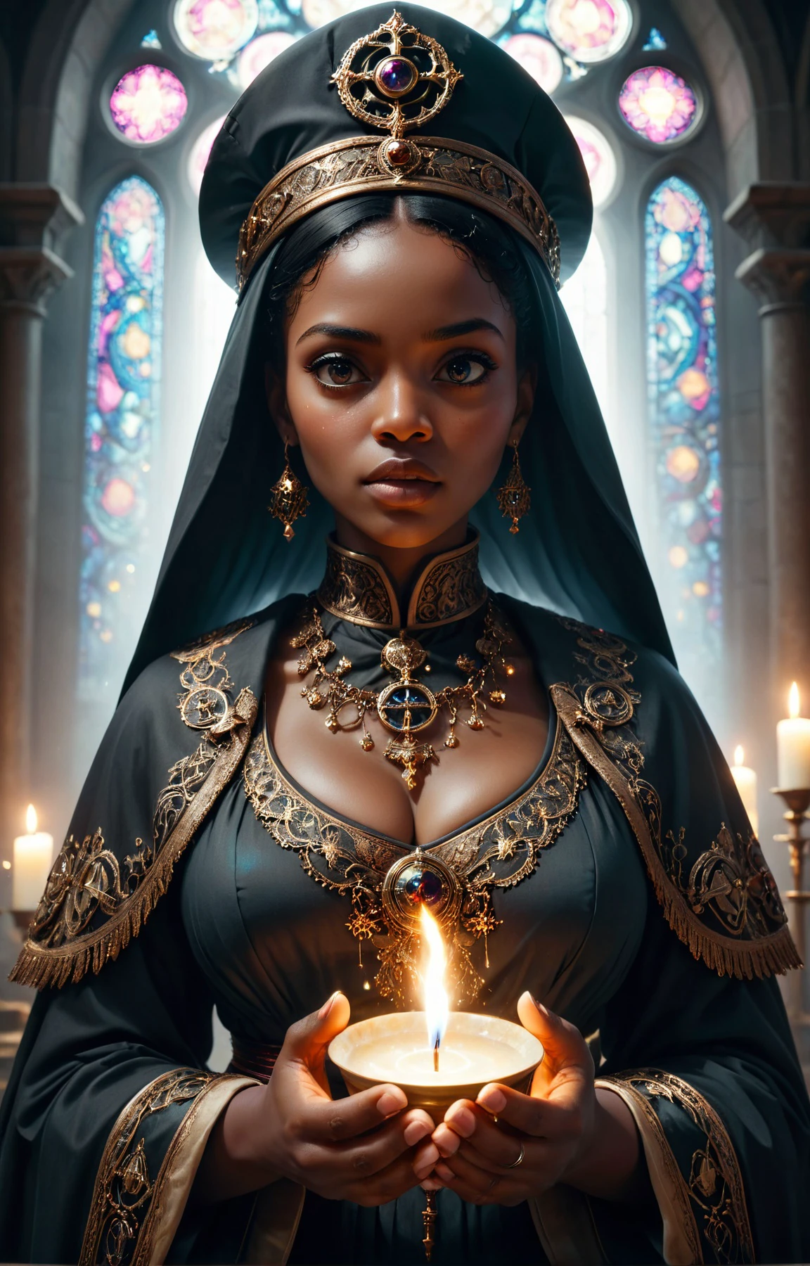 triadic colors, (high fantasy aesthetics:1.4), dramatic action look LUT <lora:TestLUTs1-000016:0.4> BREAK WizardCoreAI, medium shot of a statuesque Angolan african woman with a hungry expression (busty and curvy:1.2) focus on character, portrait, looking up, (victorian theme:1.1)  priest, zealous fury,  black hexagonal symbols, mitre, bishop hat, dynamic pose,  symmetrical composition, cathedral,   divine aura, religious icons,   stained glass, floating particles, sacred texts, embroidery, swirling lights emanating,   basin of holy water, petals,    reflections,  updraft, <lora:WizardCoreAIp:0.6> BREAK stunning beauty, detailed skin, skin texture, skin pores, (freckles:0.9). 8k, uhd, insane details, photorealism painting, realistic body, realistic eyes, realistic anatomy, cinematic lighting, (rim lighting, side lighting:1.4), bokeh, 4k