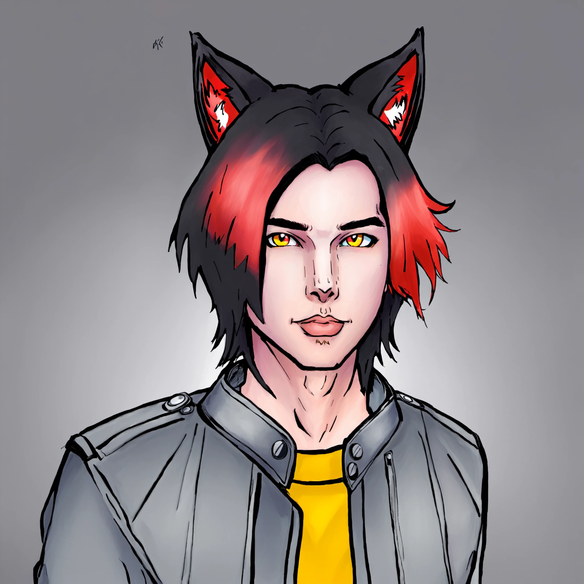 solo, looking at viewer, simple background, shirt, two tone hair, gradient hair, black hair, red hair, red eyes, 1boy, animal ears, jacket, yellow eyes, male focus, parted lips, cat ears, heterochromia, grey jacket, masterpiece, official art, best illustration