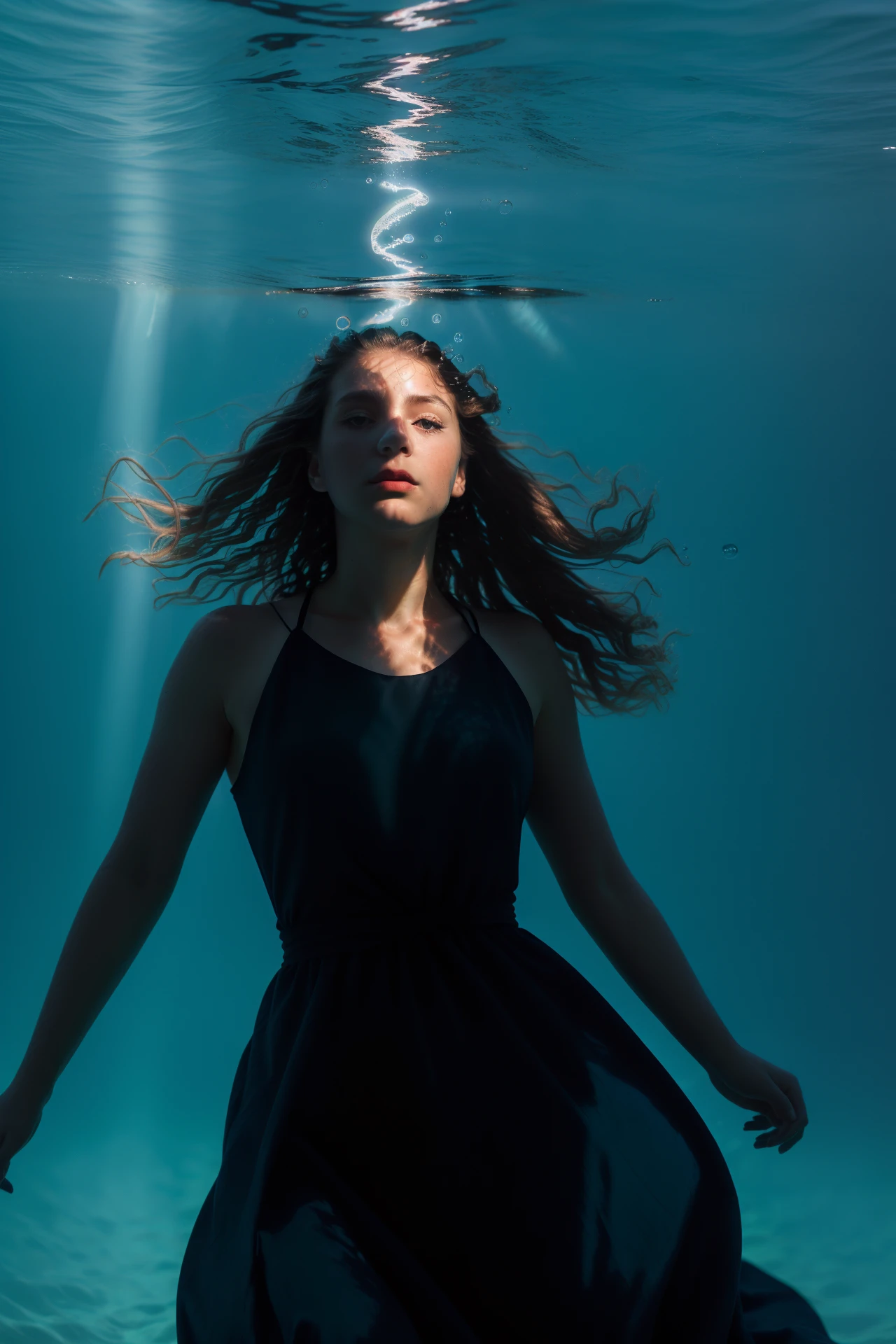 aqua spotlight,silhouette,1girl,upper body,underwater,floatting,long dress,waves,sunlight,air bubbles,hyperrealistic,real photo shoot,8k,dark theme,<lora:DarkLighting:0.9>