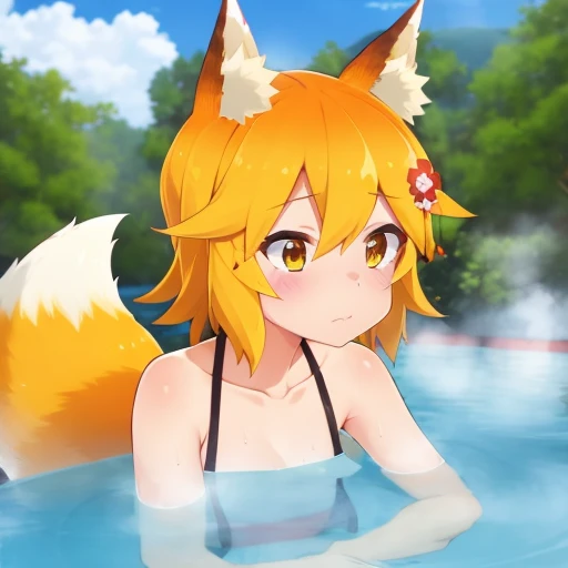 (Hot Springs:1.3), blue sky, in hot springs, <lora:senkoLora_v4:1> 1girl, sen, animal ears, fox ears, fox girl, fox tail, hair flower, hair ornament, orange eyes, orange hair, short hair, tail, embarrassment, embarrassed, floats, looks at the viewer