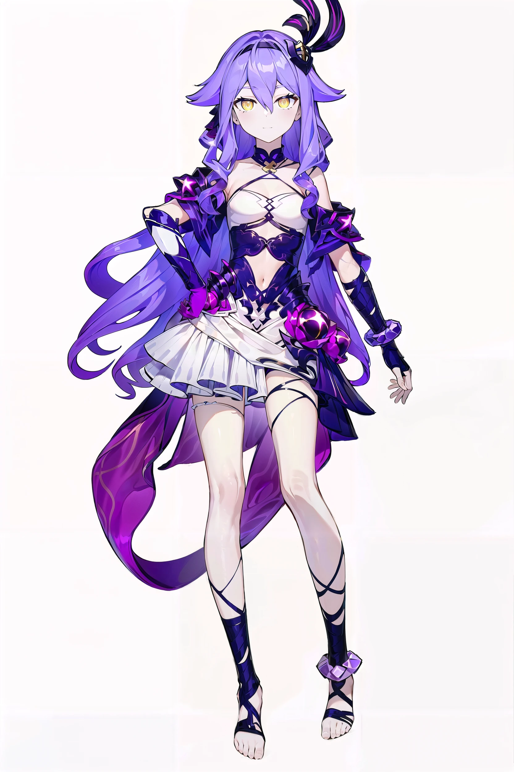 8k, best quality, masterpiece, (ultra-detailed:1.1), (high detailed skin), 
(full body:1.2), white background, standing, looking at viewer, solo, hand on hip, 
<lora:xilin-v100:0.8:lbw=OUTALL>, xilin, long hair, purple hair, gloves, yellow eyes, purple gloves, hair ornament, bangs, dress, elbow gloves, barefoot, hair between eyes, little girl, cute, 13 years old, 
(white background, simple background,:1.2), 
<lora:EnvyBetterHands LoCon_beta2 è¾å©:0.55>, ( good hands, nice hands:0.5), 
(beautiful_face), ((intricate_detail)), clear face, 
((finely_detailed)), fine_fabric_emphasis, 
((glossy)), full_shot,