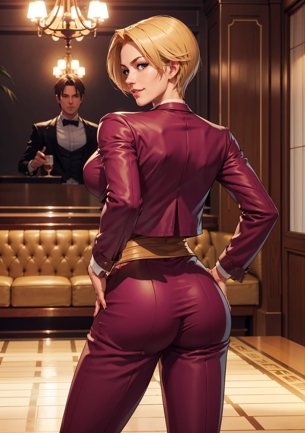 <lora:King2000_t8-000023:1.0> KOFKing girl wearing KOF2kOutfit,
best quality, restaurant, indoors, depth of field, from behind, hands on hips, seductive pose, standing, smile