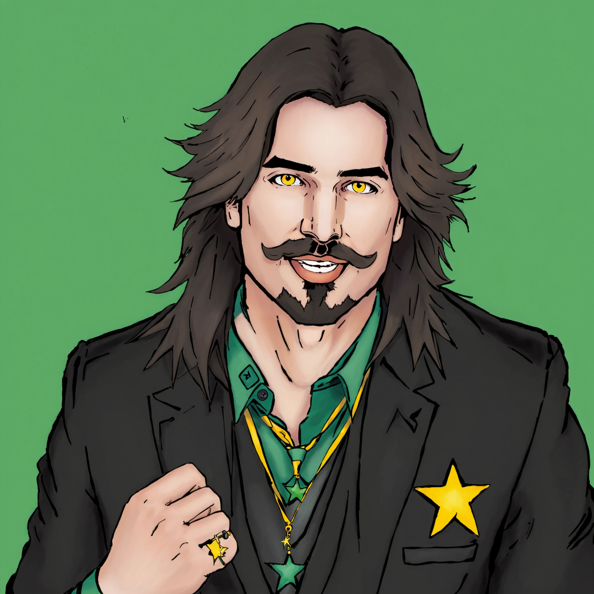 solo, long hair, looking at viewer, smile, simple background, shirt, black hair, 1boy, brown eyes, jewelry, jacket, yellow eyes, upper body, male focus, necktie, hand up, necklace, star (symbol), vest, black jacket, facial hair, ring, beard, green background, cropped torso, mustache, best illustration, masterpiece, official art,