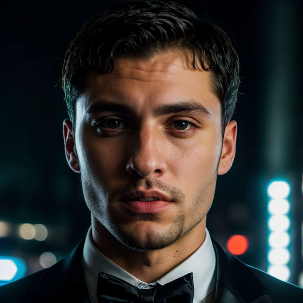 face portrait of joeydinallo person using a tuxedo, in blade runner, professional photography, high resolution, 4k, detailed photo,  <lora:joeydinallo_26100:1>