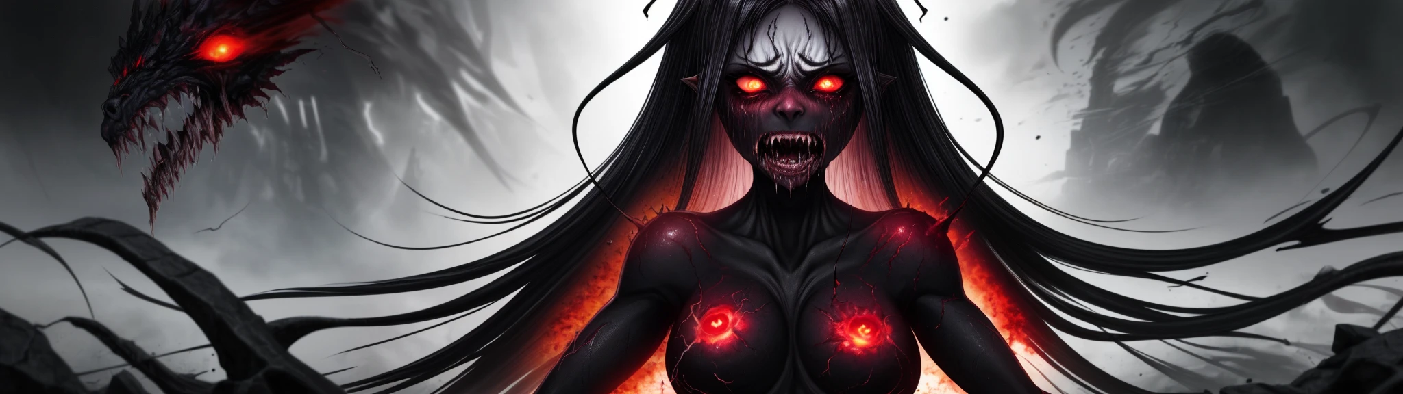 aggression,anger,hatred,violence,decapitation,red ,divine fury and wrath,beautiful destruction,deadly beauty,haunting eyes,perfect teeth,perfect face,depth_of_field,hard shading,nebulous_eyes,corrupted veins,poisonous breath,void energy,bending space and time,by her will,void waves in her wake,sustained sex appeal,eyes black as space,empath,casual determinism,fate unknown, fear,energy feedback rebound,cage in the infinite,final moments replayed