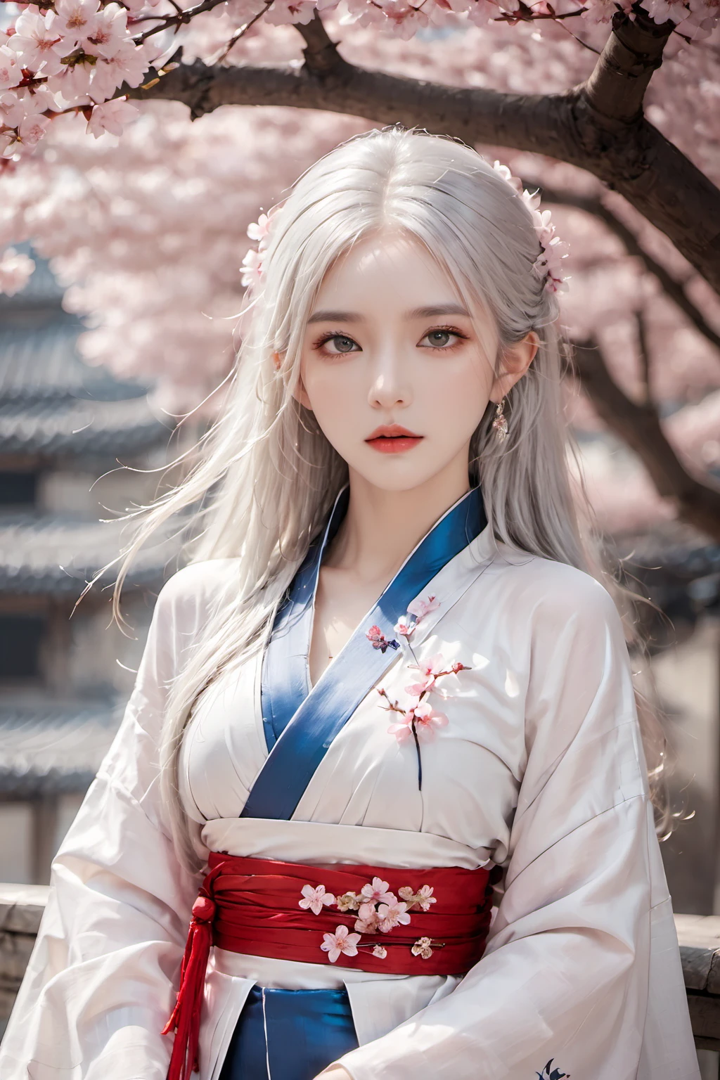xxmix,  1women,  solo,  full body,  jewelry,  long white hair,  blue eye,  medium breasts,  hanfu,  cherry blossoms, <lora:EMS-65666-EMS:1.000000>