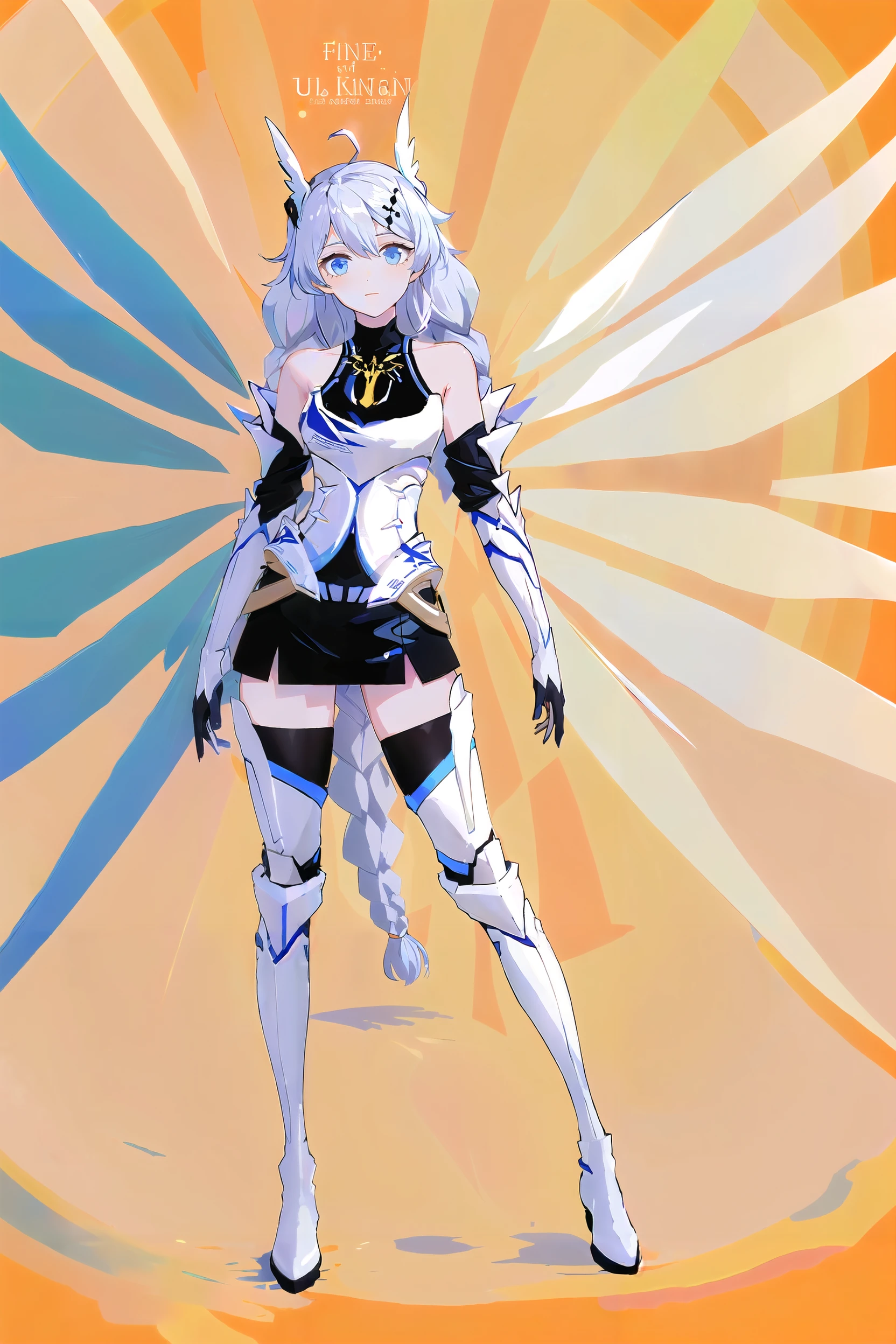 best, 8k, UHD, masterpiece, bright, high quality, flat color, 1girl, (orange background:1.2), head lift, air bubble, Ultra-Wide Angle, text censor, solo, video game cover, zettai ryouiki, mosaic censoring, silhouette, ahoge, from below, (wall of text:1.2), number background,
(full body:1.2),looking at viewer, cool,
<lora:qiyana-v3-v100-000025:0.9>,(yueguang: yueguang, white armor, orange Light wings, winged hair ornament:1.1), energy wings, white cuish, blue eyes, long white hair, twin braids,bare shoulders,
<lora:EnvyBetterHands LoCon_beta2 è¾
å©:0.55>,( good hands, nice hands:0.6),
(beautiful_face), ((intricate_detail)), (revealing clothes:1.2), clear face,
((finely_detailed)), fine_fabric_emphasis,
((glossy)),