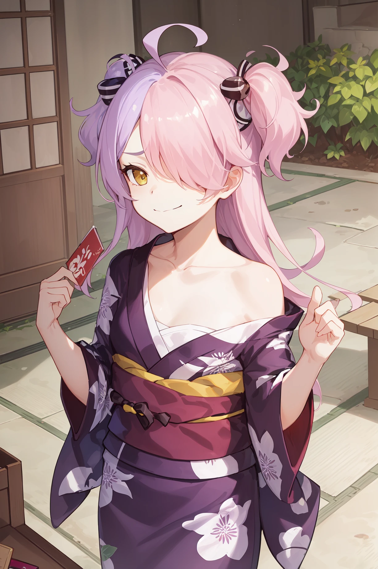((masterpiece, best quality, high detailed:1.2)), 8k uhd, 1girl, slender, solo, <lora:SinMal_MultiVersionV1-08:0.8>, sin gakuen alter, ((closed mouth, smirk:1.2)), ((yukata, off shoulders, long hair, collarbone:1.4)), ((two tone hair, pink hair)), sitting, bench, japanese temple, trees, ((cowboy shot, facing viewer:1.2)), day, vivid colors, ((petite, two side up, hair covering one eye))
