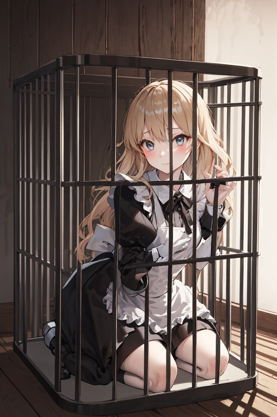 masterpiece,best quality, illustration, 1girl,(in cage:1.02), , kneeling,maid,  <lora:Concept-inCage:1.4>