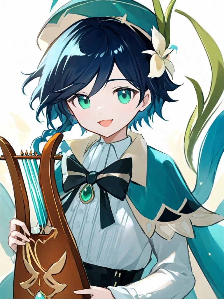 ultra-detailed,(best quality),((masterpiece)),(highres),original,extremely,<lora:Ventix_xl:1>,,(\wen di\),1boy, solo, open mouth, lyre, instrument, bow, bangs, smile, looking at viewer, holding instrument, collared cape, simple background, cape, white background, shirt, white shirt, jewelry, collared shirt, hat flower, gem, holding, brooch, hair ornament