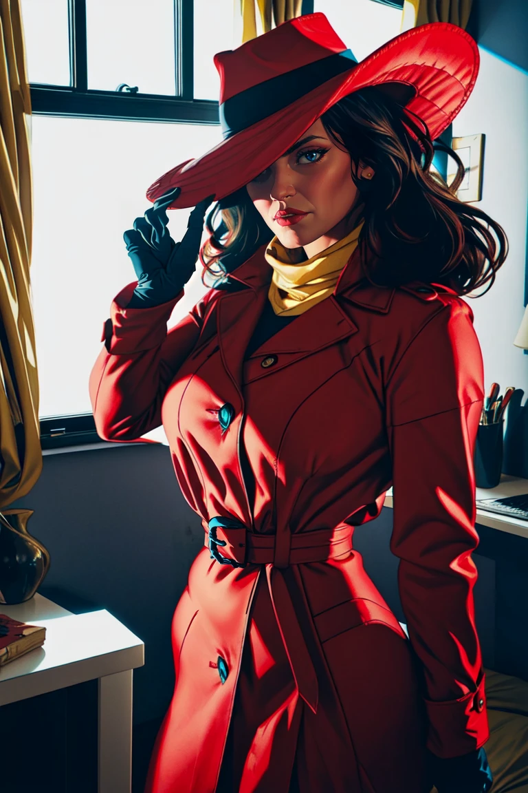 <lora:AlexRossstyleV2:1> straight-on, upper body, solo, carmen_sandiego, long hair, slim, half face in darkness, tipping hat with fingers, black hair, lipstick, makeup, red lips, breasts, lips, blue eyes, mature female, curly hair, dark skin, long legs, narrow waist, curvy, trench coat, fedora , belt, red headwear, black gloves, red coat, long coat, scarf, yellow scarf, buttons, big hair, Dramatic lighting, Dark room <lora:CARTOON_carmen_sandiego_ownwaifu-15:0.75>