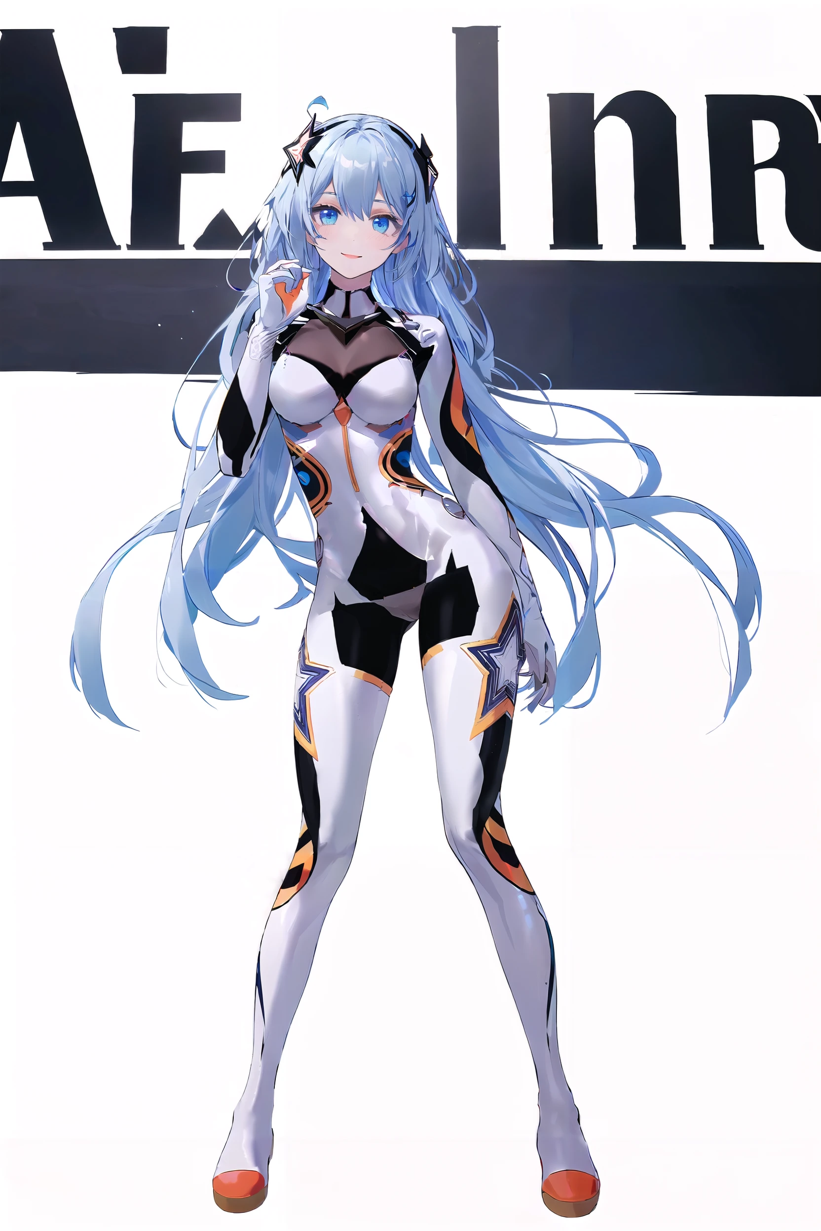 best, 8k, UHD, masterpiece, bright, high quality, flat color, 1girl, (white background:1.2), head lift, Ultra-Wide Angle, text censor, solo, video game cover, zettai ryouiki, mosaic censoring, silhouette, ahoge, from below, (wall of text:1.2), number background,
(full body:1.2), looking at viewer, smile,
<lora:qiyana-v3-v100-000025:0.9>,( bailian: bailian, bodysuit,star hair ornament,star hairband:1.15), blue eyes, long white hair,
<lora:EnvyBetterHands LoCon_beta2 è¾
å©:0.55>, good hands, nice hands,
(beautiful_face), ((intricate_detail)), (revealing clothes:1.2), clear face,
((finely_detailed)), fine_fabric_emphasis,
((glossy)),