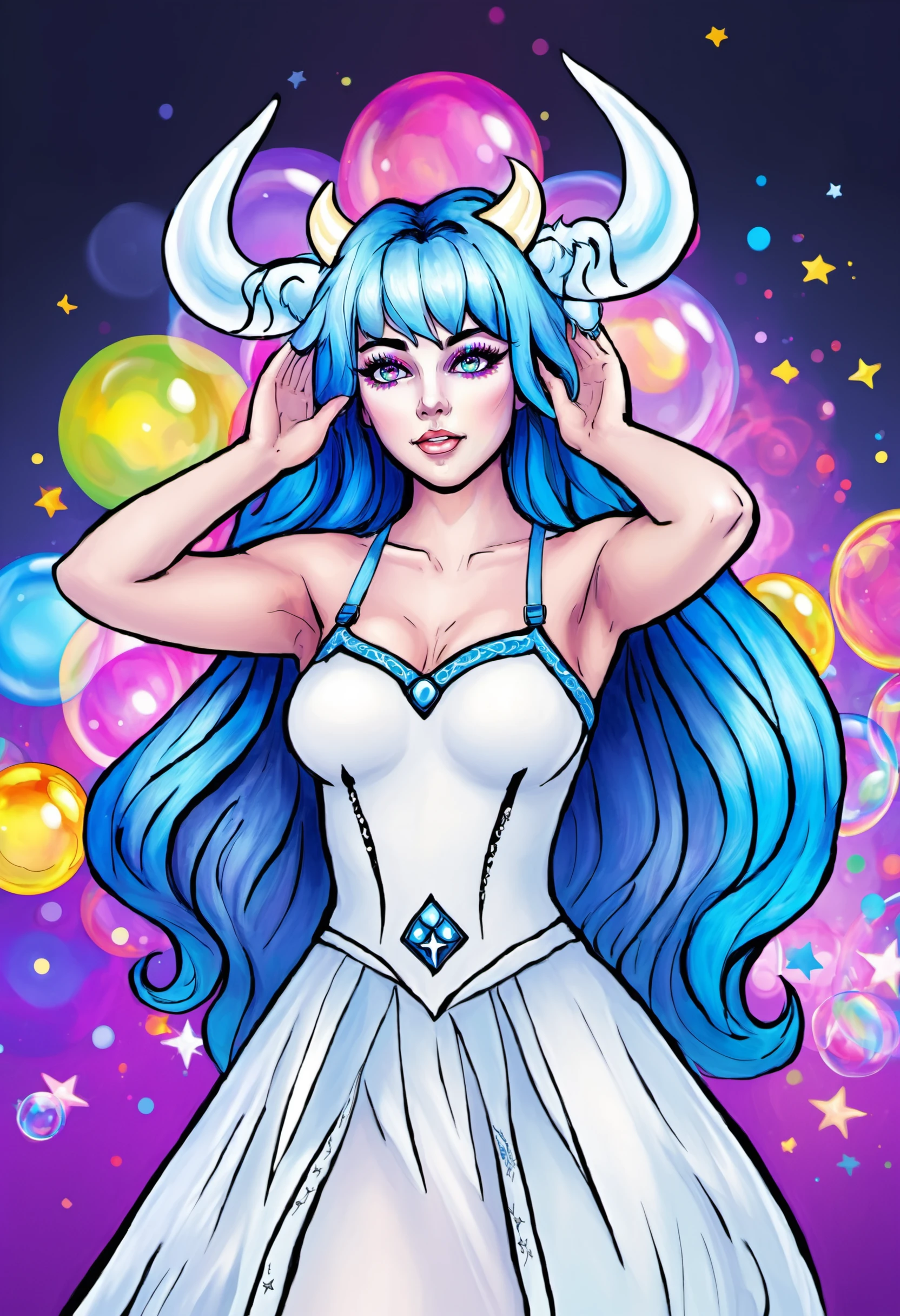 sexy girl, from the waist up, 1girl, adult, long iridescent long hair, rainbow colors,beautiful detailed eyes, symmetrical eyes, caucasian, collarbone, both hands up, armpits, iridescent horns, good posture, detailed white goth transparent dress with black decorations and shoulder straps, (very detailed background, highly detailed background), symmetrical, octane render, 35mm, bokeh, 9:16, (intricate details:1.12), (intricate details, hyperdetailed:1.15), (soft light, sharp:1.2), detailed, (backlighting), Succubus demon, (masterpiece, top quality, best quality, official art, beautiful and aesthetic:1.2), extremely detailed, colorful, highest detailed, clean facial features, upper body, (detailed light), (an extremely delicate and beautiful), a girl, cute & girly, upper body, two legs, sexy clothes inspired by clear bubbles, (beautiful detailed eyes), stars in the eyes, (((lots of big colorful Bubbles))), Iridescence, depth of field, bubbles around, flat color, vector art, negative space Alexander Jansson fantasy, (masterpiece, best quality, Succubus body), detailed background, high contrast