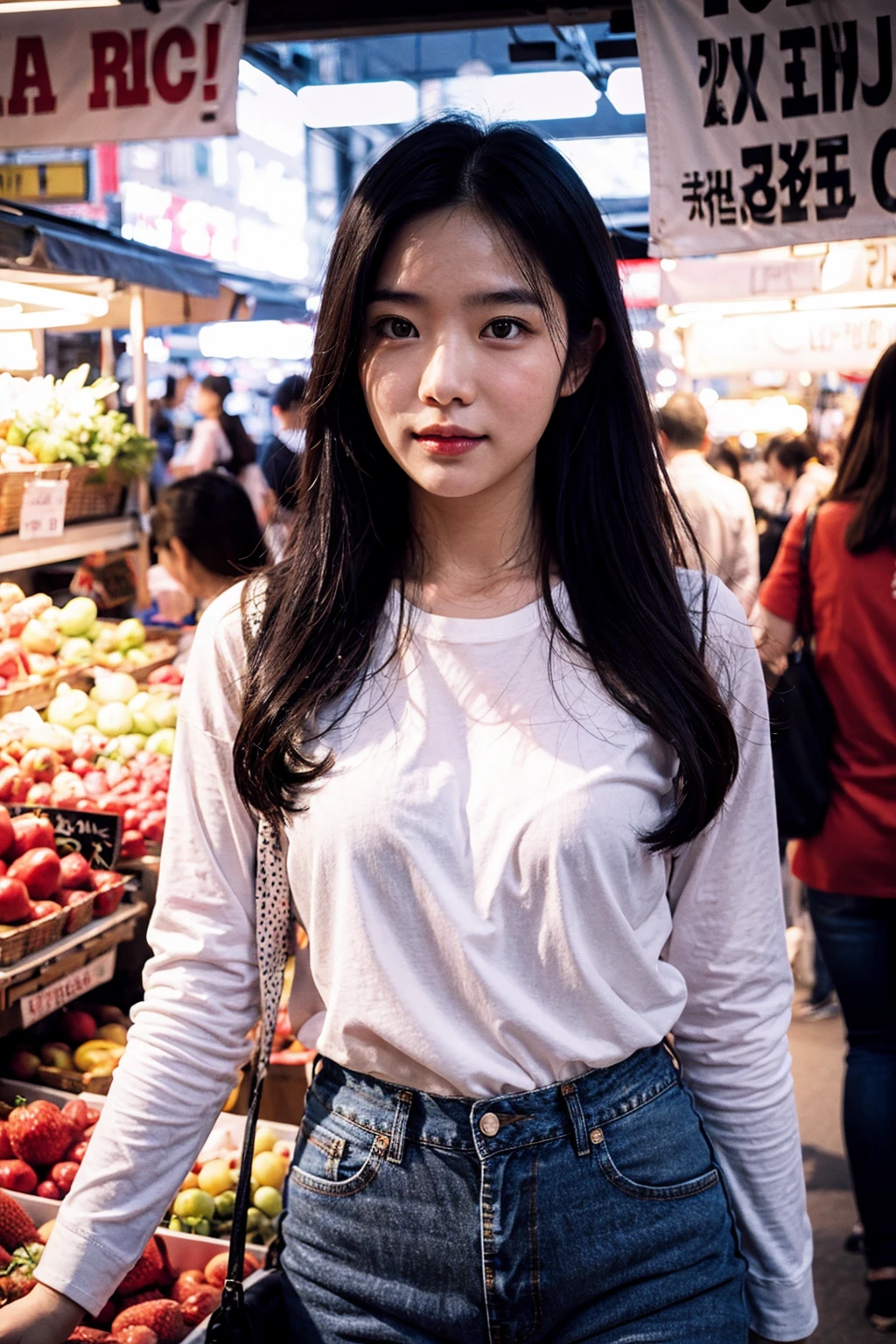 1girl, long hair, shirt, jeans, market background, pov, (upper body)