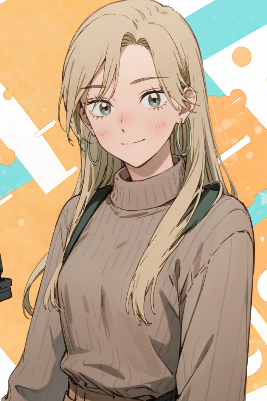 best anatomy, detailed eyes, perfect eyes, yuzukiv1, long hair, grey eyes, 1girl, solo, smile, blonde hair, simple background, medium sleeves, sweater, turtleneck, hoop earrings, brown sweater, pants, bag, watch, wristwatch, high-waist pants, upper body, portrait, Bending sideways with one hand reaching down, <lora:YuzukiV1:0.9>