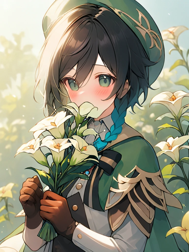 ultra-detailed,(best quality),((masterpiece)),(highres),original,extremely,<lora:Ventix_xl:1>,(\wen di\),solo, 1boy, holding, bangs, looking at viewer, long sleeves, bow, shirt, cape, white shirt, upper body, blush, collared shirt, covered mouth, holding flower, jewelry, collared cape, brooch, gloves