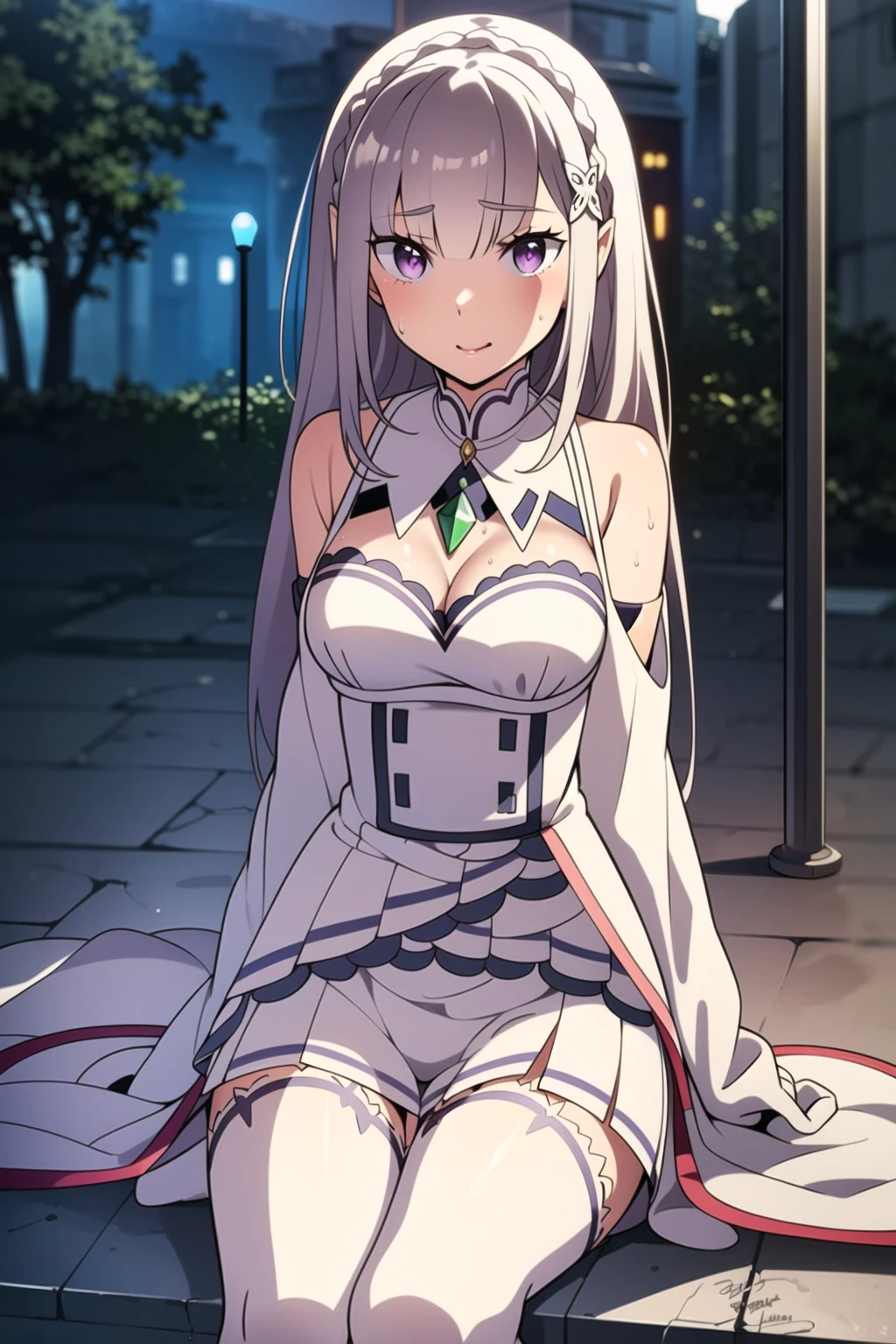 <lora:Emilia_V7:1> , EmiliaReZero sits on the wet pavement in a parking lot in the rain at night. Dark anime drawing in gothic pixiv style.