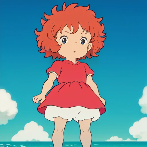 Masterpiece, ultra detailed,1girl, flat chest, (solo), brown hair, short hair, red dress, standing, ponyo, <lora:Ponyo:0.7>, cinematic, sea, curly hair