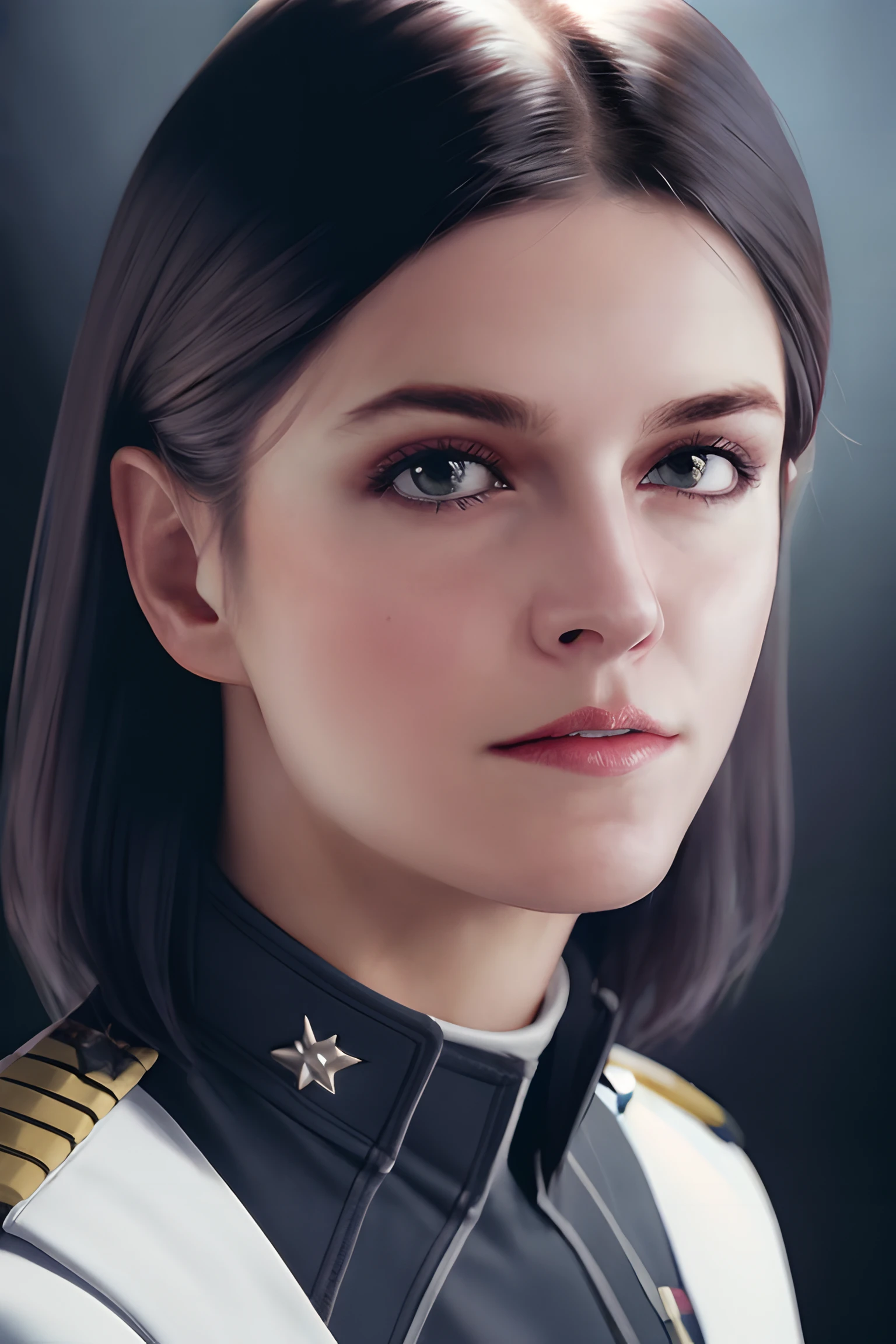 Realistic, realism, photorealism, photo-realistic, high contrast, (photorealistic:1.4), 8k high definition detailed realistic, (best quality, masterpiece:1.2), full bodyshot, photon mapping, radiosity, physically-based rendering, best quality, highly detailed, 1girl,  30years old ,portrait, close up looking at the viewer,mirandak, Short hair, wearing black military uniform<lyco:Miranda Keyes-000013:.7>