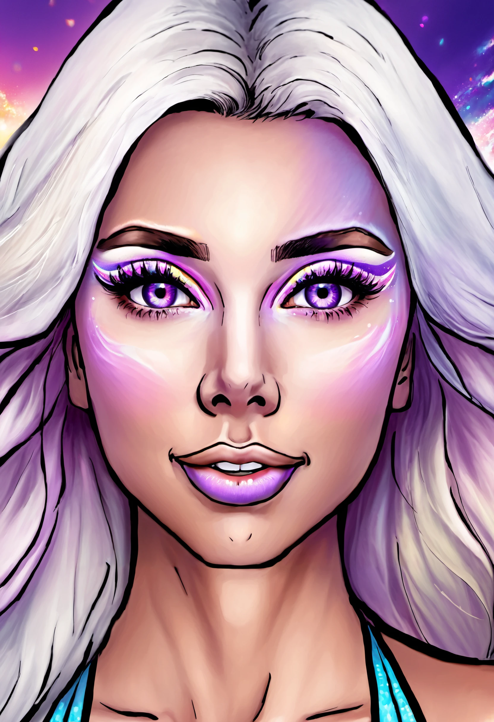 (masterpiece, best quality:1.2), (absurdres, highres, ultra-detailed), (perfect anatomy), selfie, 1girl, white hair, purple eyes, parted lips, blush, makeup, light smile, bikini, beach, sweat, wet, light rays, glow, thighs, collarbone, narrow waist, (masterpiece), wallpaper