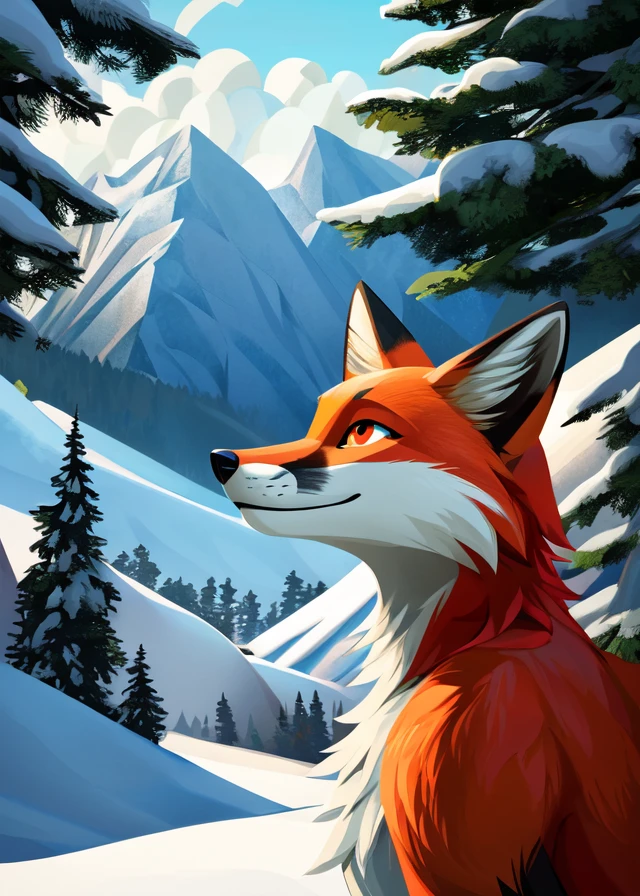 (by Victo Ngai, by Keith Negley, by Cleon Peterson, by Sonia Delaunay),
solo (feral:1.25) ((red fox)), (half-length portrait:1.25),
snowland, snow, morning, tree, mountain, cloud,
BREAK,
masterpiece, best quality, ultra realistic, 4k, 2k, (low detail:1.25),
(3d \(artwork\):1.2), blender \(software\), sharp focus,
ray tracing, (unreal engine:1.3), absurd res